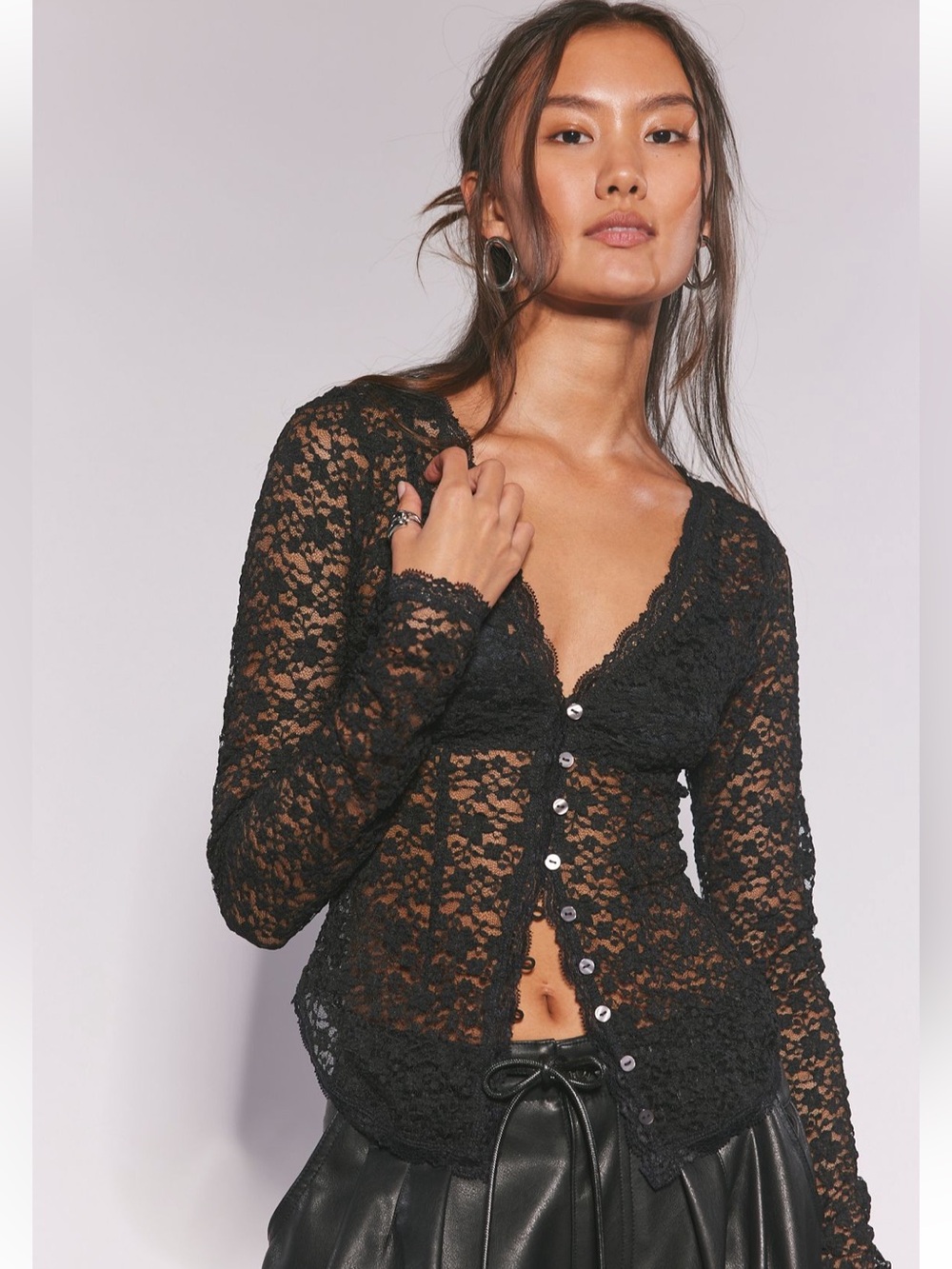 Free People Lara Lace Long Sleeve Top Sheer Button-Front - Black Sz medium